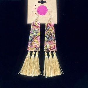 Pink, black, multicolored lucite & tassel earrings